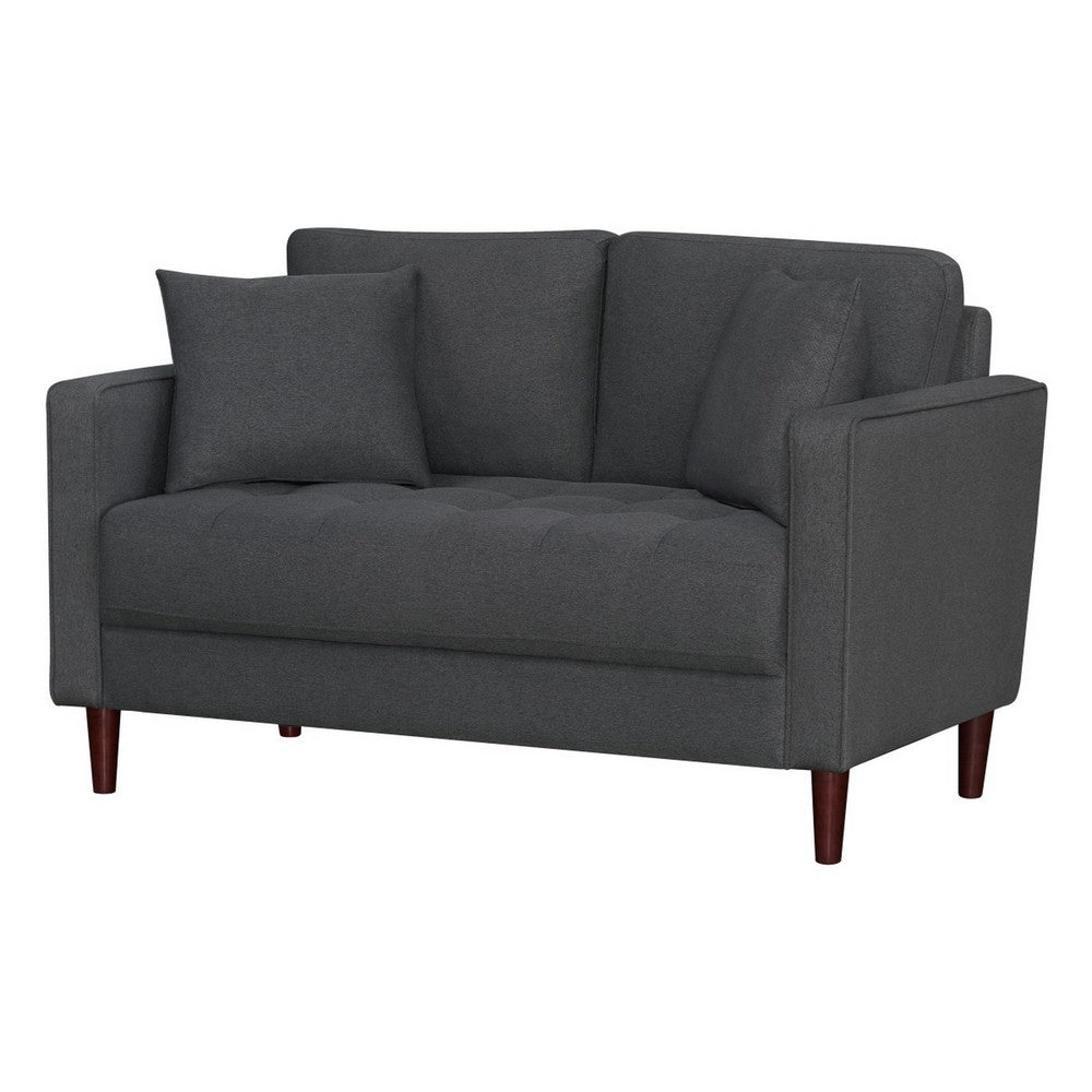 Yera Loveseat w 2 Pillows | Tufted Gray Seat | Cherry Brown Wood 52"
