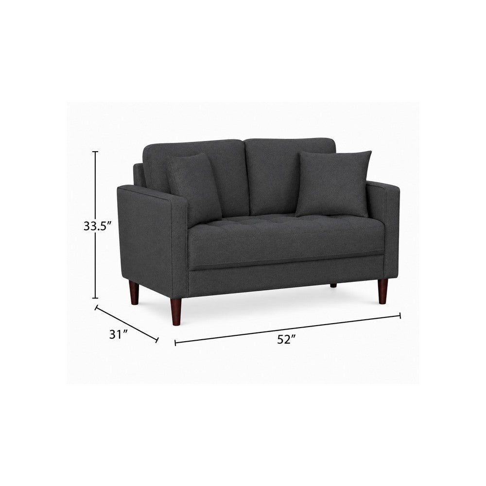 Yera Loveseat w 2 Pillows | Tufted Gray Seat | Cherry Brown Wood 52"