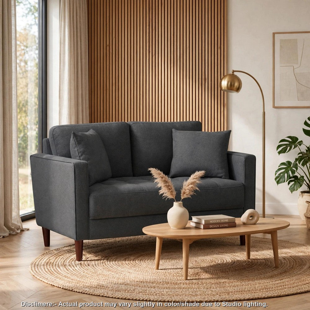 Yera Loveseat w 2 Pillows | Tufted Gray Seat | Cherry Brown Wood 52"