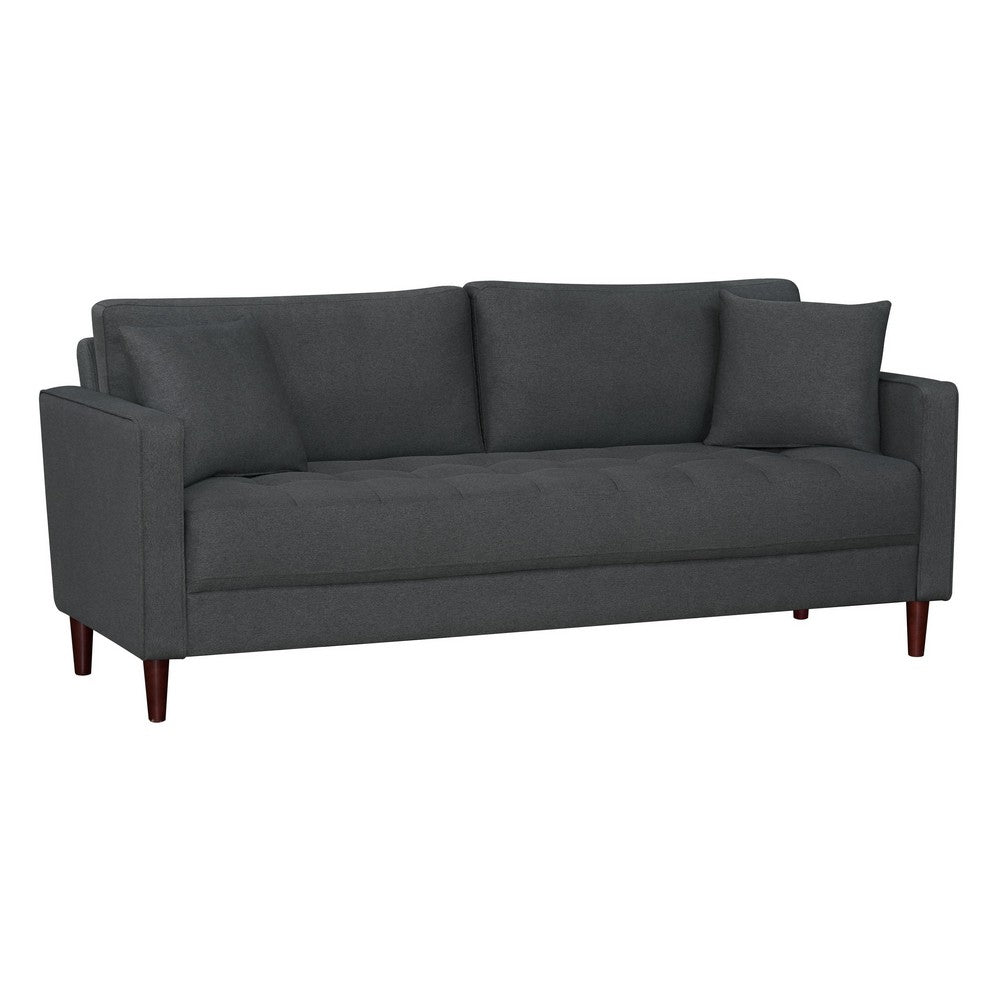 Yera Sofa w 2 Pillows | Tufted Gray Seat | Cherry Brown Wood 77"