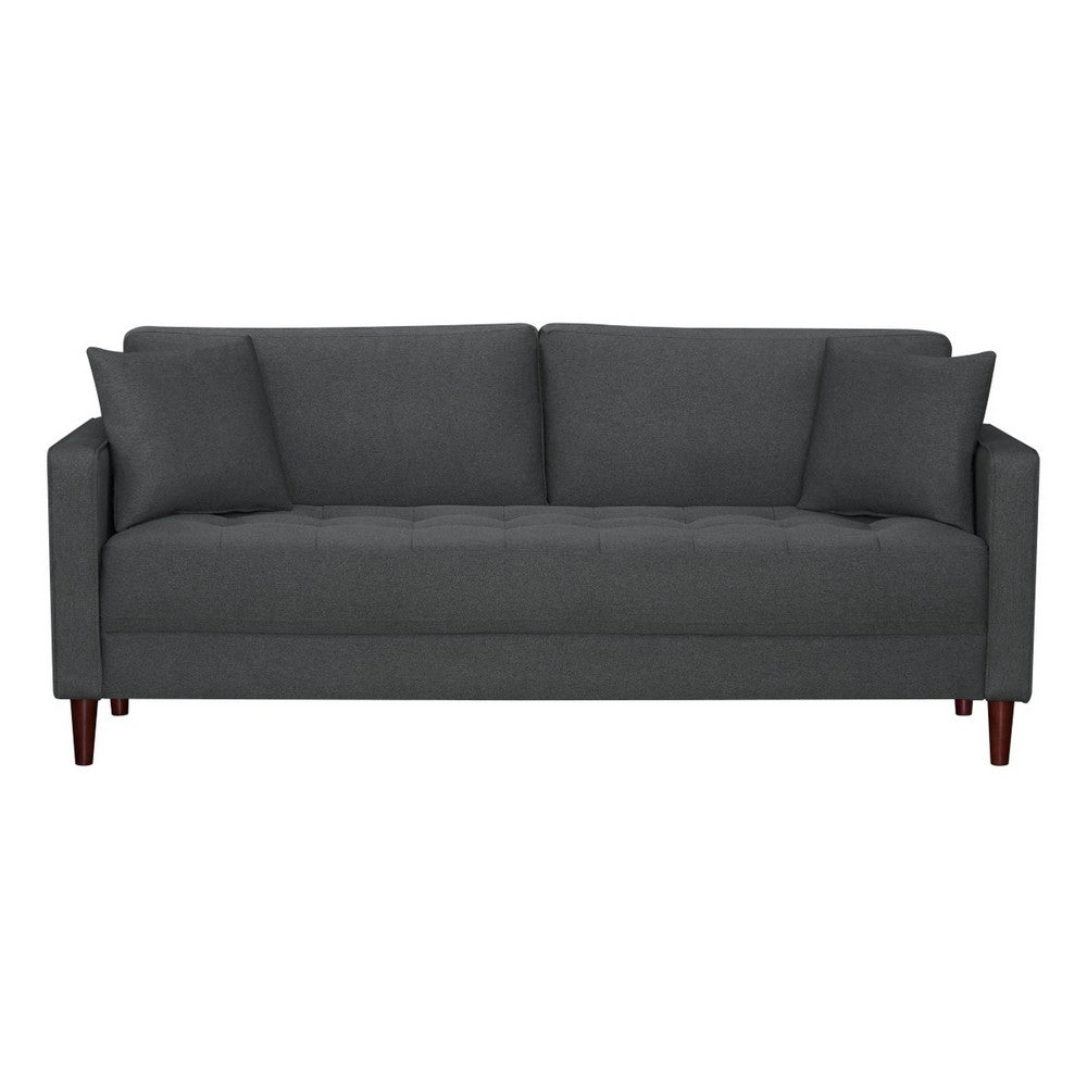 Yera Sofa w 2 Pillows | Tufted Gray Seat | Cherry Brown Wood 77"