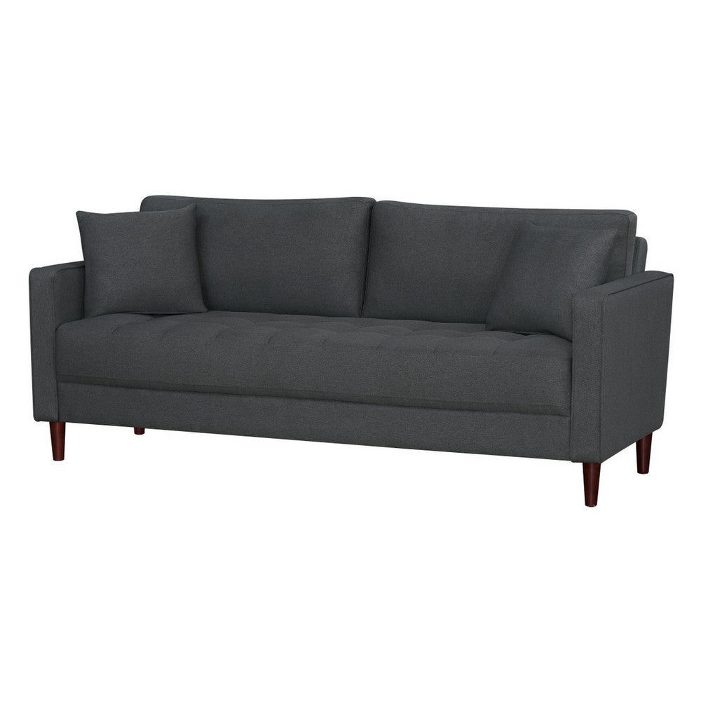 Yera Sofa w 2 Pillows | Tufted Gray Seat | Cherry Brown Wood 77"