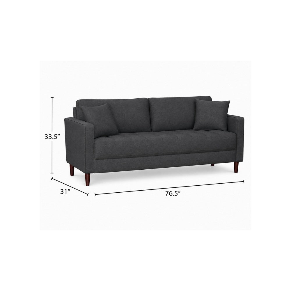 Yera Sofa w 2 Pillows | Tufted Gray Seat | Cherry Brown Wood 77"