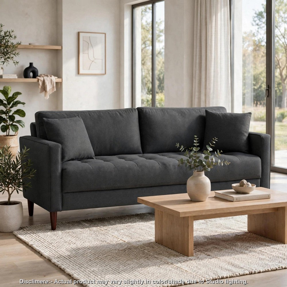 Yera Sofa w 2 Pillows | Tufted Gray Seat | Cherry Brown Wood 77"