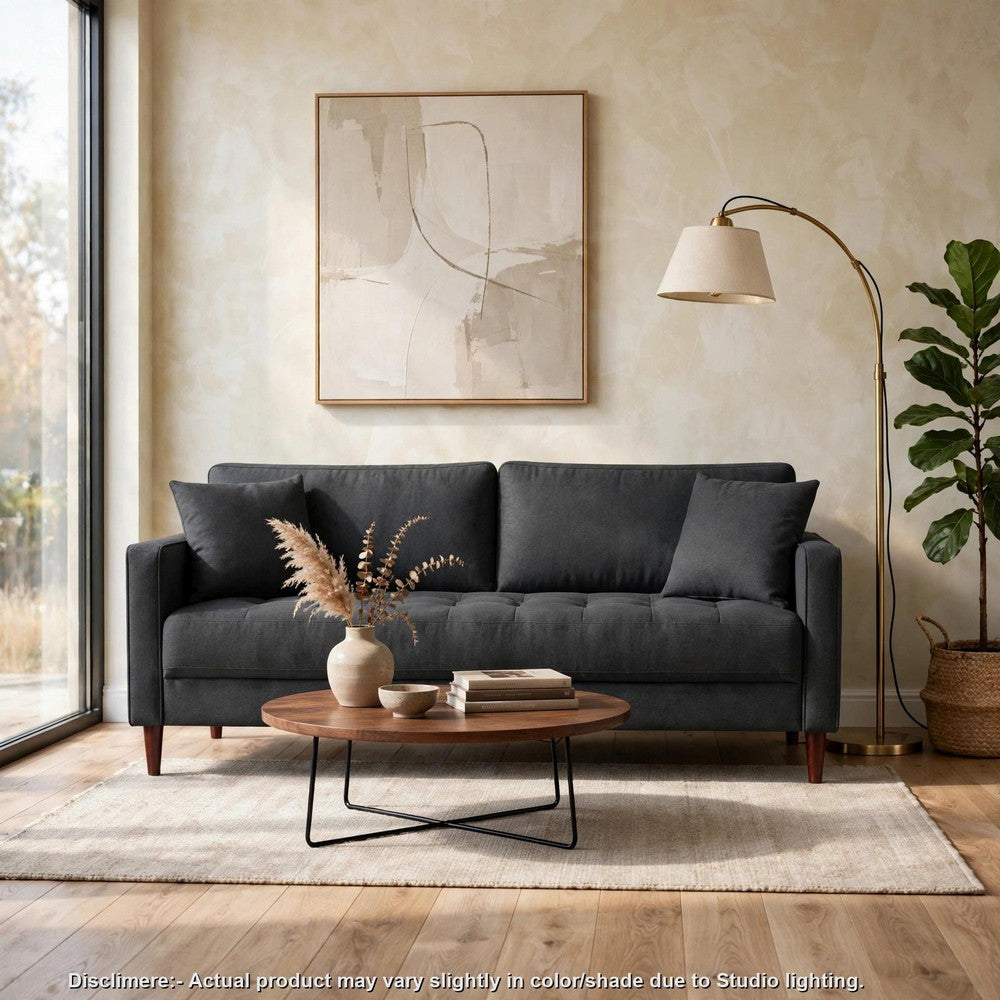 Yera Sofa w 2 Pillows | Tufted Gray Seat | Cherry Brown Wood 77"