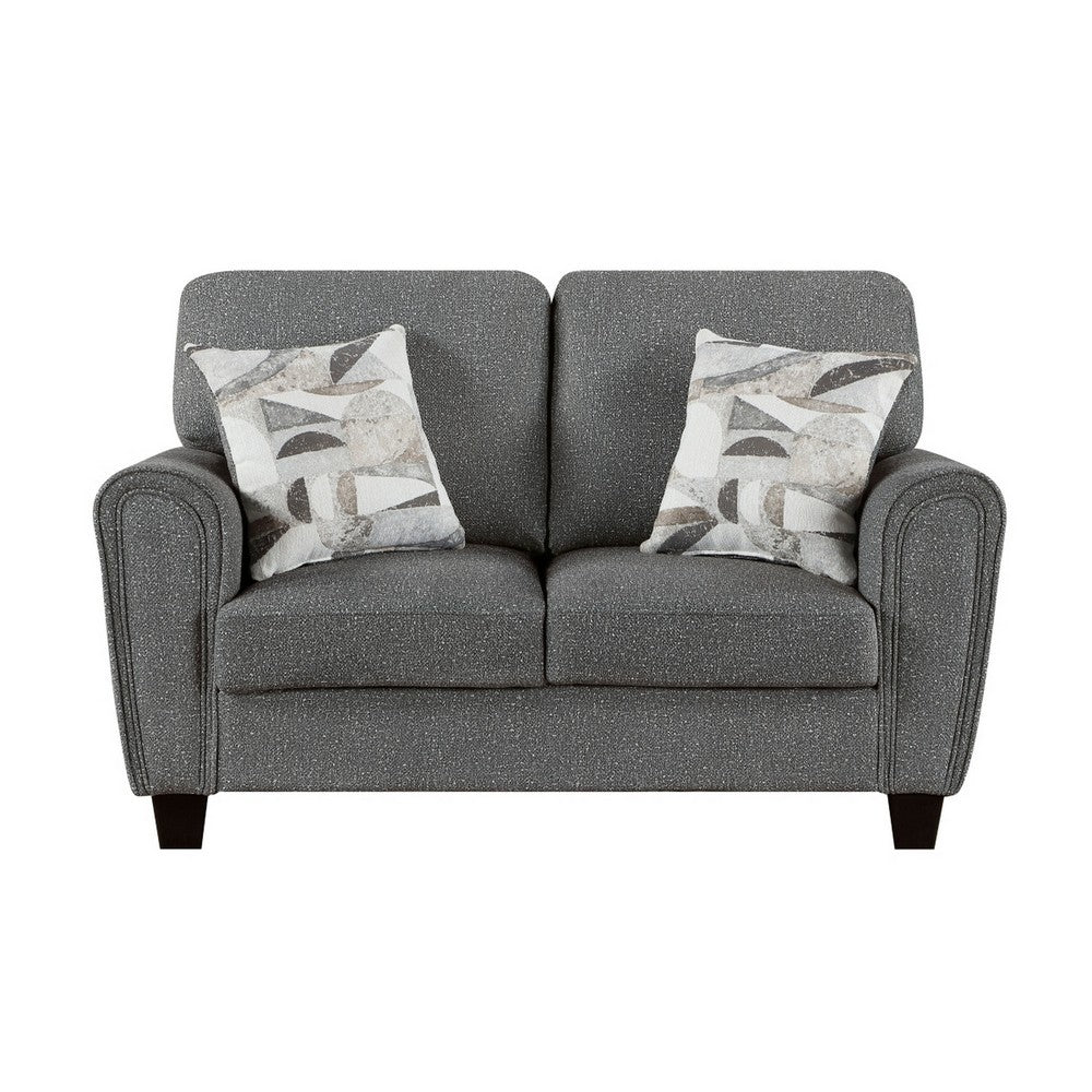 Loi Loveseat w 2 Pillows | Flared Arms | Dark Gray Chenille | Black 63"