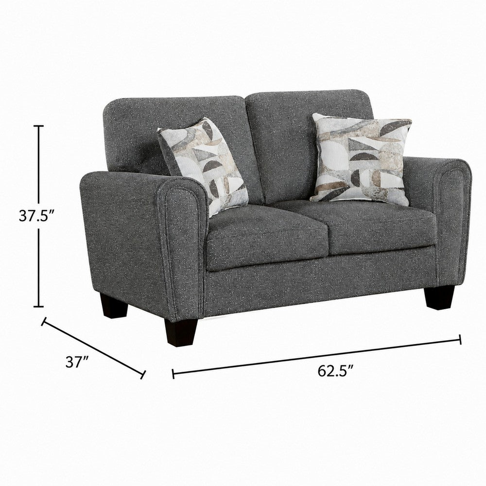 Loi Loveseat w 2 Pillows | Flared Arms | Dark Gray Chenille | Black 63"