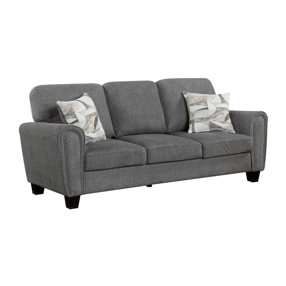 Loi Sofa w 2 Pillows | Flared Arms | Dark Gray Chenille | Black 85"