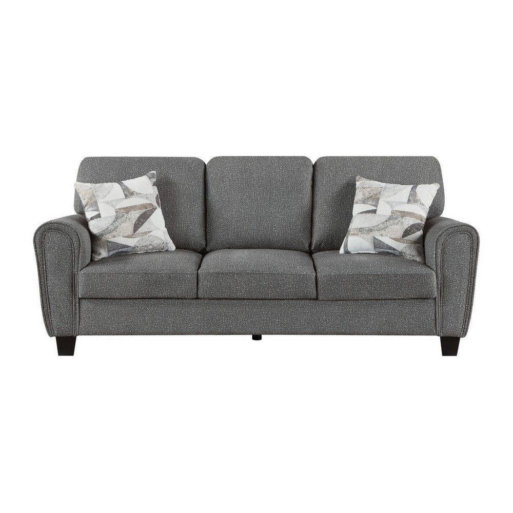 Loi Sofa w 2 Pillows | Flared Arms | Dark Gray Chenille | Black 85"