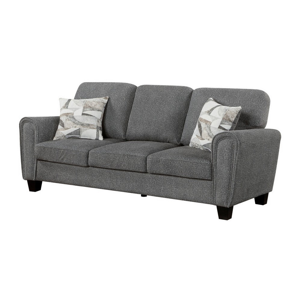 Loi Sofa w 2 Pillows | Flared Arms | Dark Gray Chenille | Black 85"