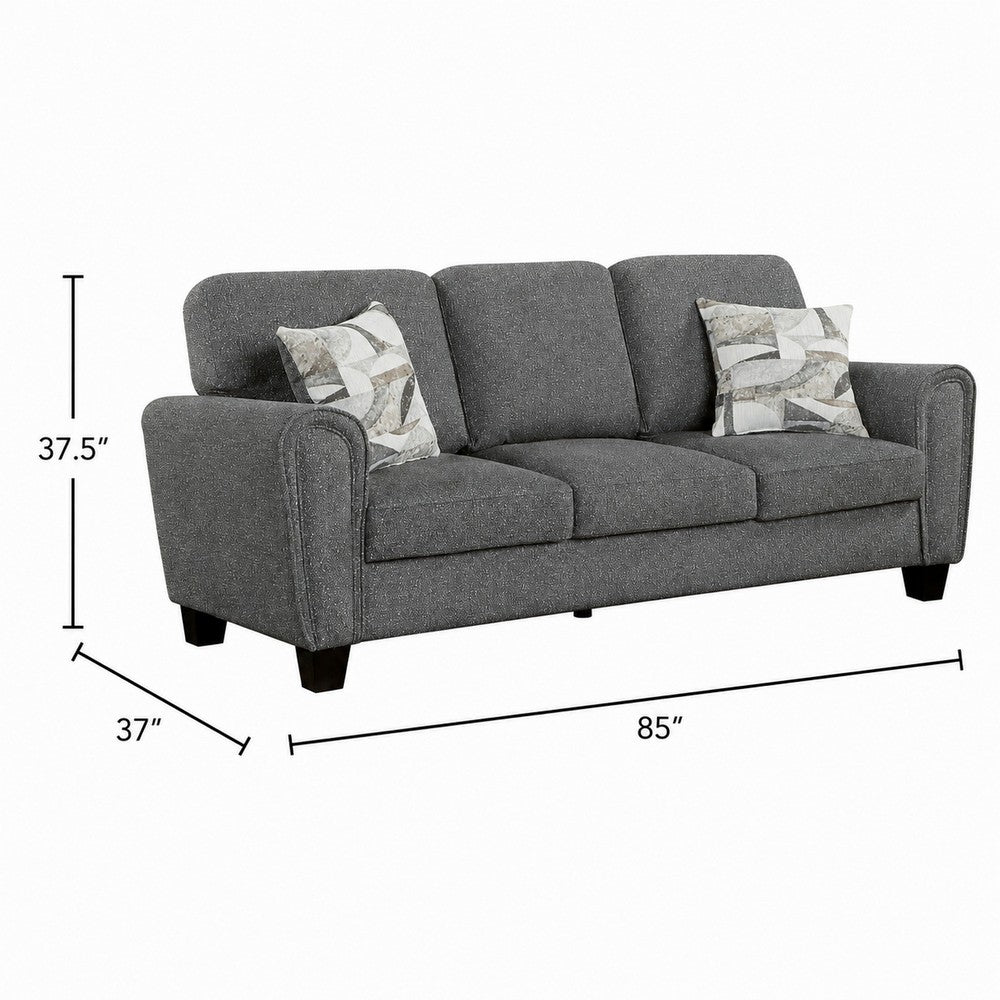 Loi Sofa w 2 Pillows | Flared Arms | Dark Gray Chenille | Black 85"