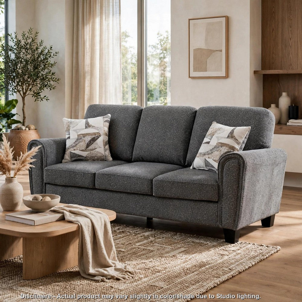 Loi Sofa w 2 Pillows | Flared Arms | Dark Gray Chenille | Black 85"
