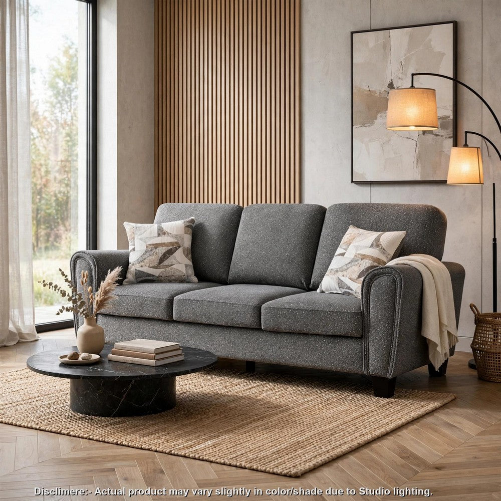 Loi Sofa w 2 Pillows | Flared Arms | Dark Gray Chenille | Black 85"