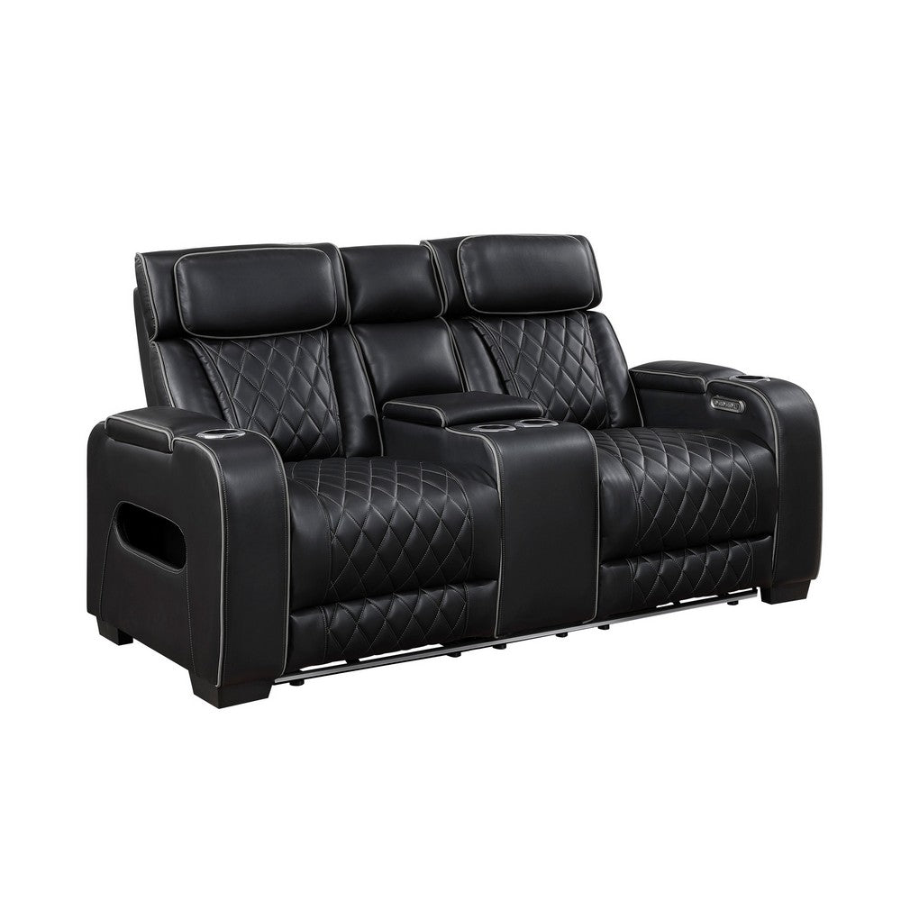 Fiya Power Double Reclining LED Loveseat | USB Ports | Black Faux Leather