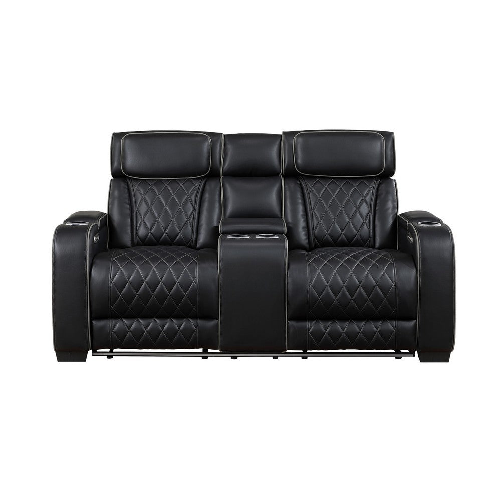 Fiya Power Double Reclining LED Loveseat | USB Ports | Black Faux Leather
