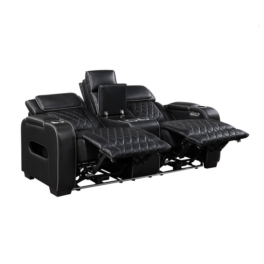Fiya Power Double Reclining LED Loveseat | USB Ports | Black Faux Leather