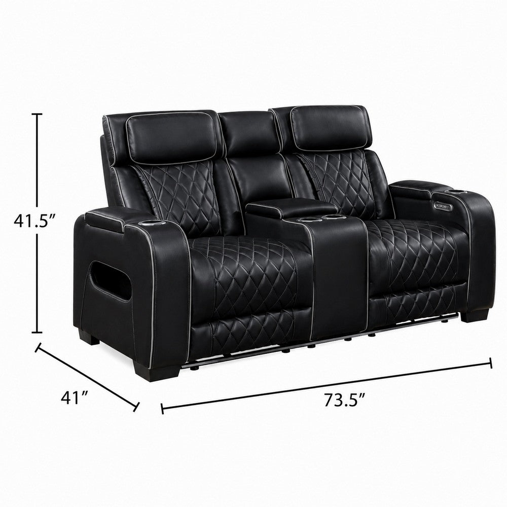 Fiya Power Double Reclining LED Loveseat | USB Ports | Black Faux Leather