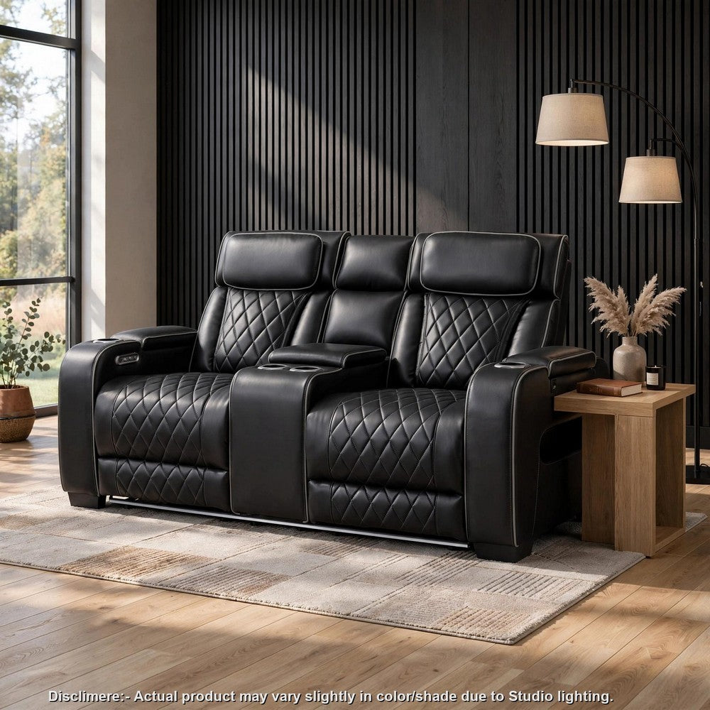 Fiya Power Double Reclining LED Loveseat | USB Ports | Black Faux Leather
