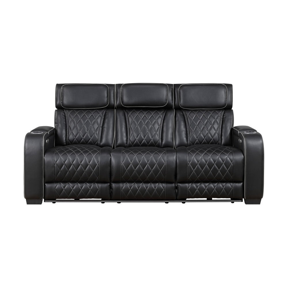Fiya Power Double Reclining LED Sofa | USB Ports | Black Faux Leather