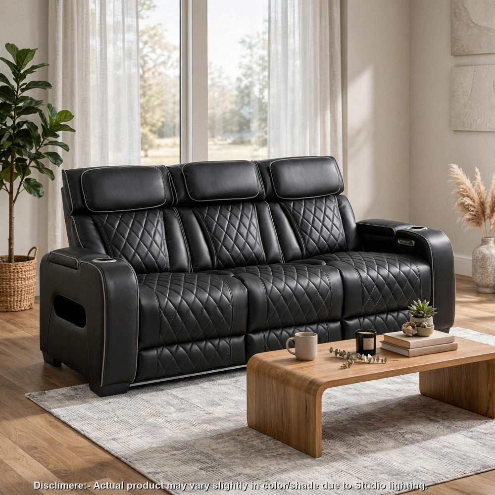 Fiya Power Double Reclining LED Sofa | USB Ports | Black Faux Leather
