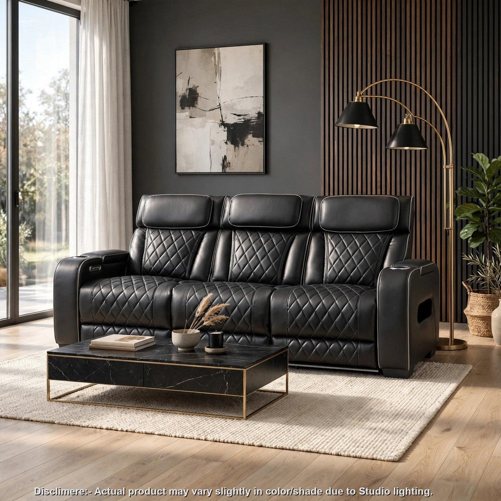 Fiya Power Double Reclining LED Sofa | USB Ports | Black Faux Leather