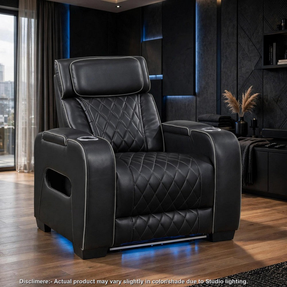 Fiya Power Reclining LED Chair | USB and Cup Holders | Black Faux Leather