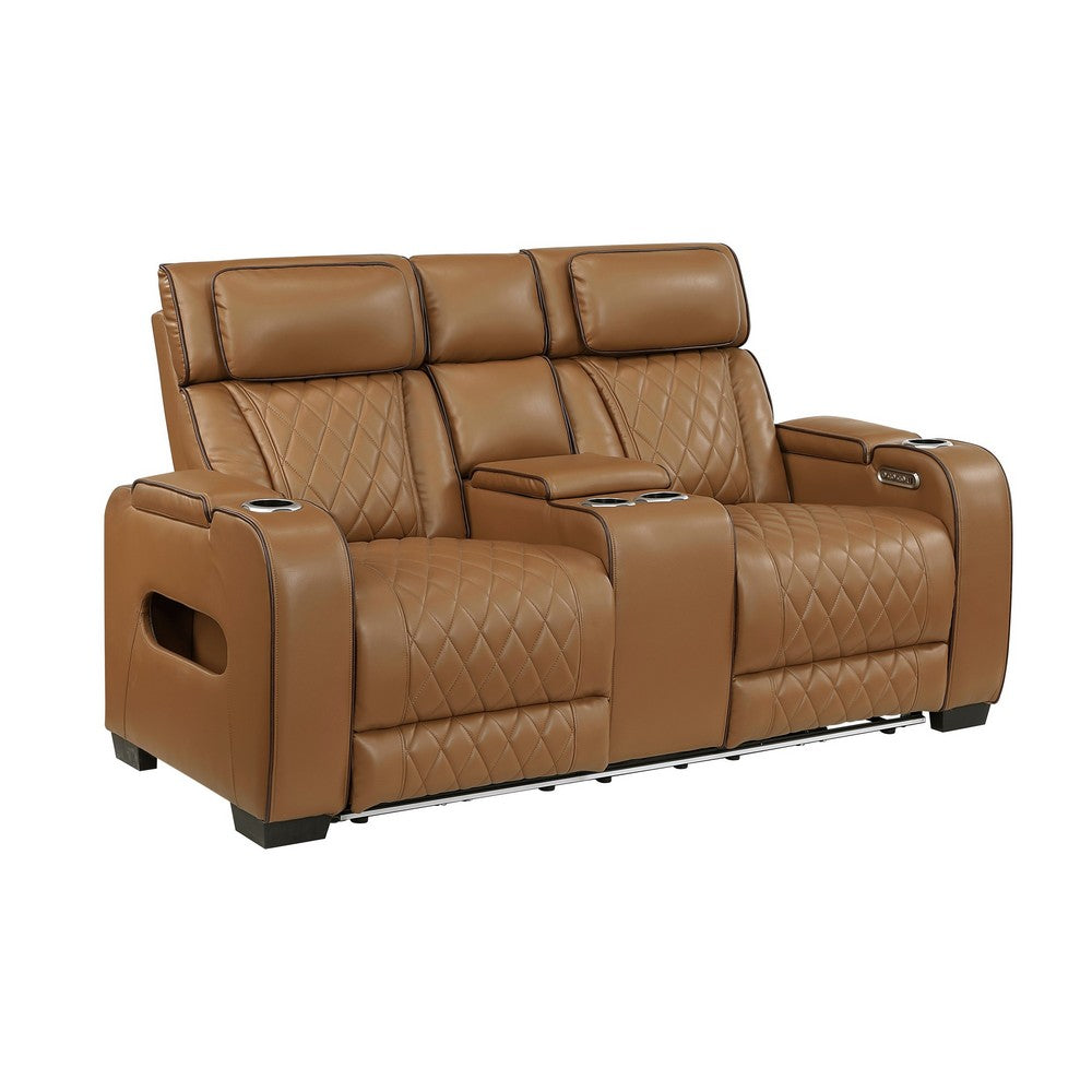 Fiya Power Double Reclining LED Loveseat | USB Ports | Brown Faux Leather