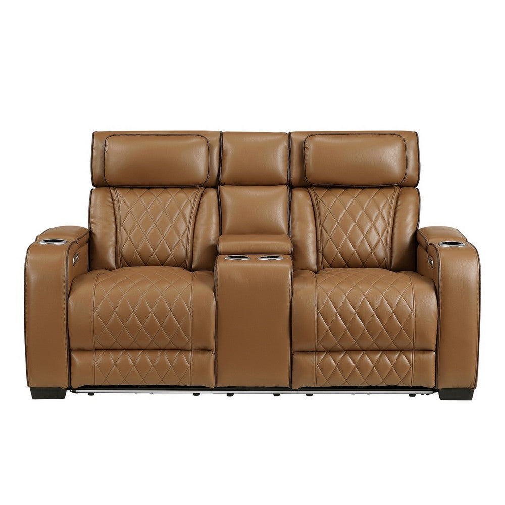 Fiya Power Double Reclining LED Loveseat | USB Ports | Brown Faux Leather