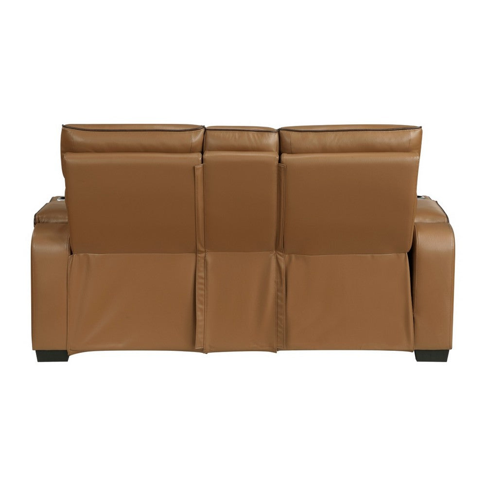 Fiya Power Double Reclining LED Loveseat | USB Ports | Brown Faux Leather