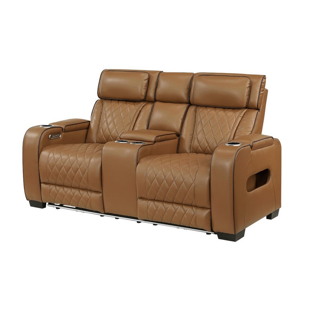 Fiya Power Double Reclining LED Loveseat | USB Ports | Brown Faux Leather