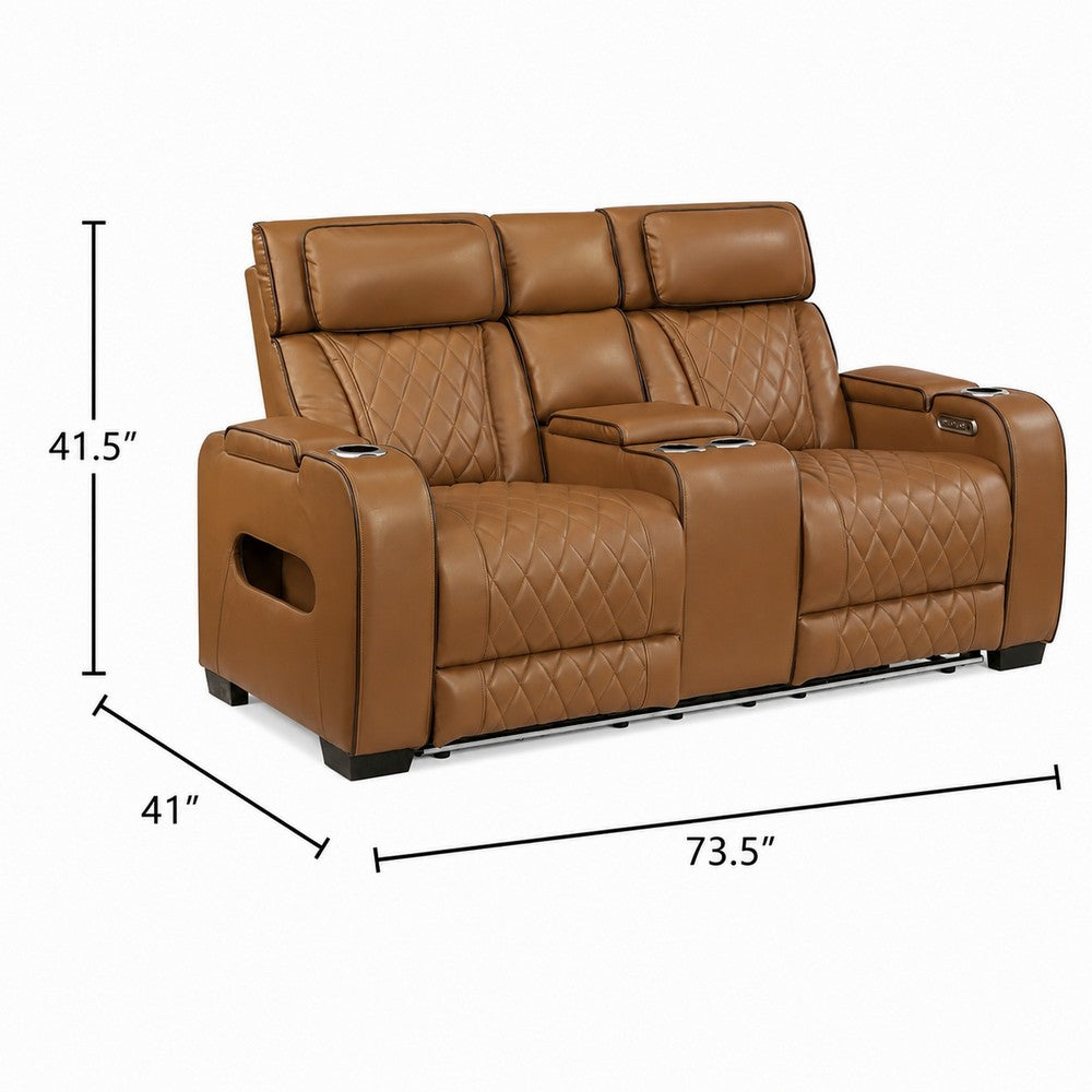 Fiya Power Double Reclining LED Loveseat | USB Ports | Brown Faux Leather