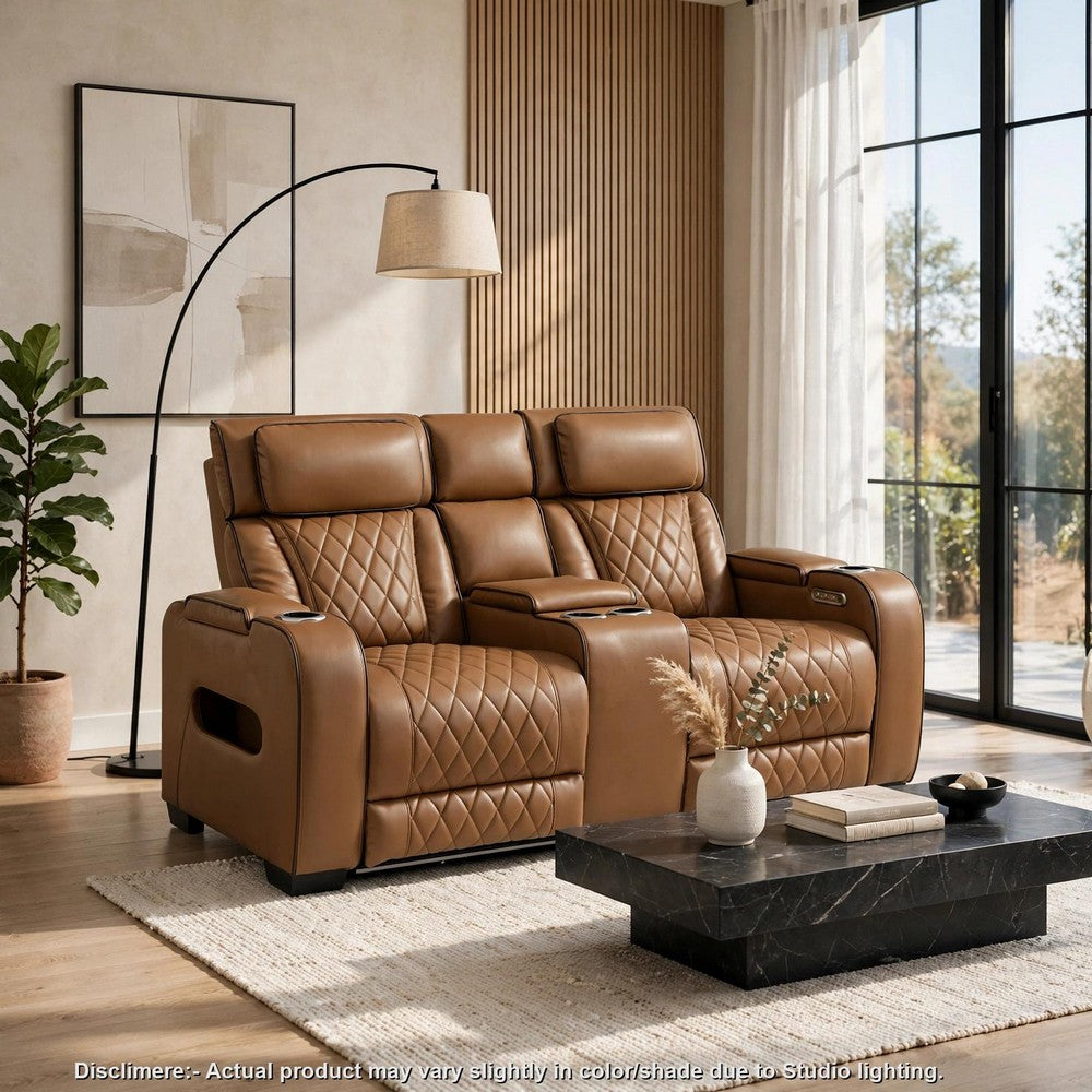 Fiya Power Double Reclining LED Loveseat | USB Ports | Brown Faux Leather
