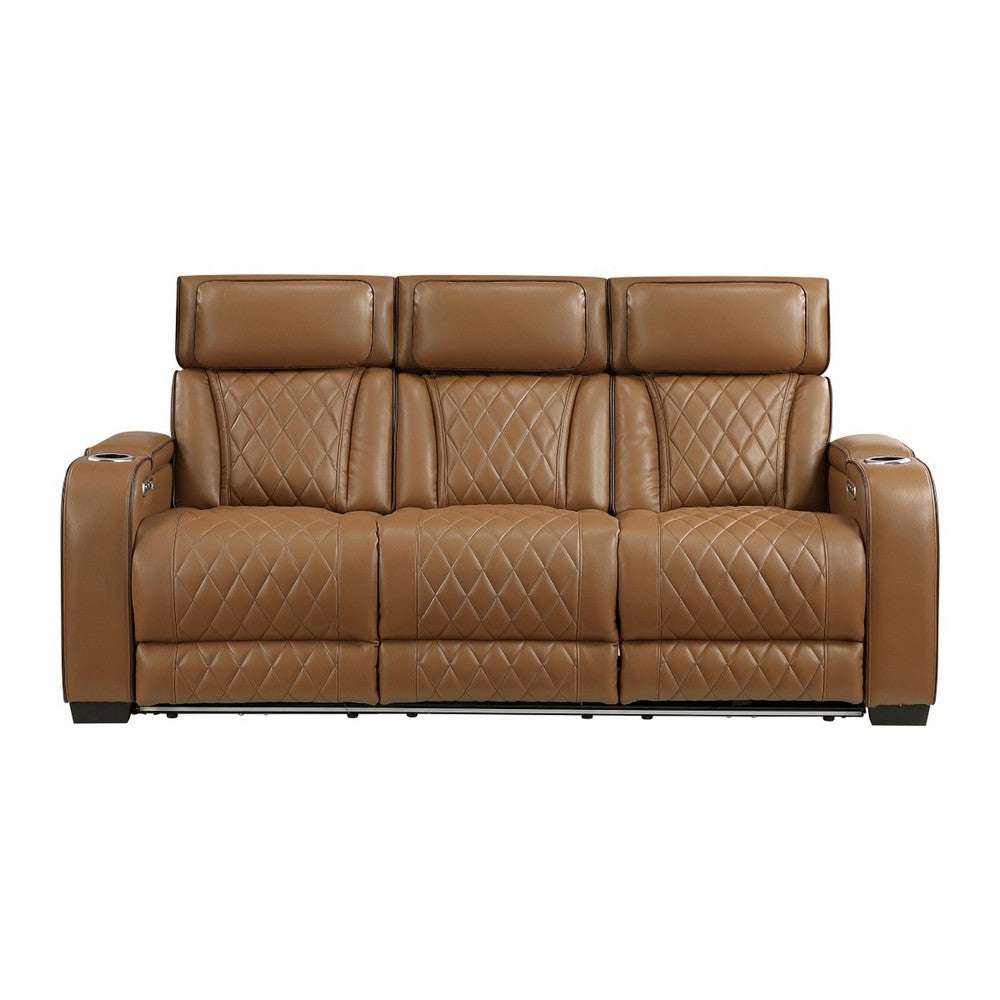 Fiya Power Double Reclining LED Sofa | USB Ports | Brown Faux Leather