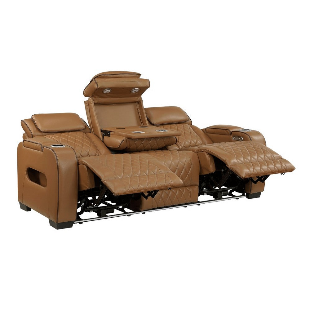 Fiya Power Double Reclining LED Sofa | USB Ports | Brown Faux Leather