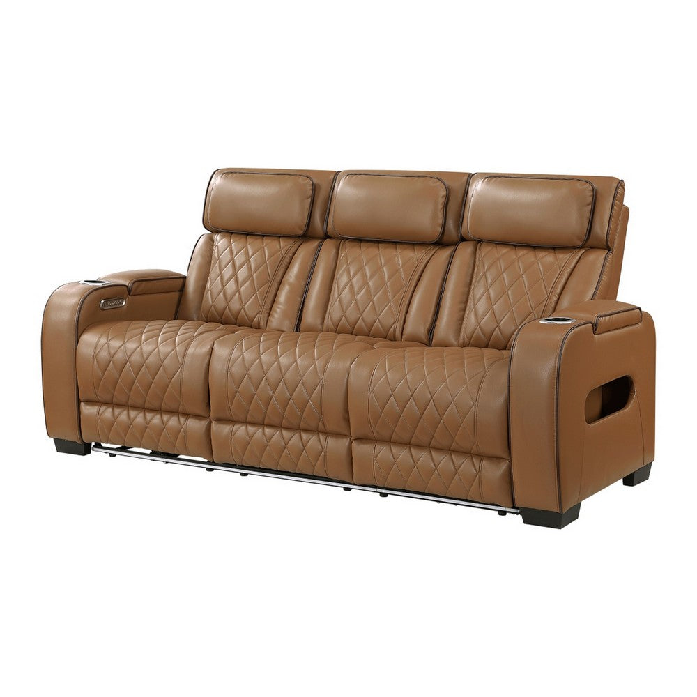 Fiya Power Double Reclining LED Sofa | USB Ports | Brown Faux Leather