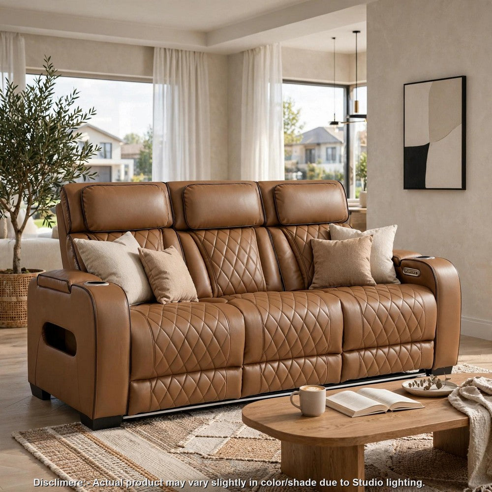 Fiya Power Double Reclining LED Sofa | USB Ports | Brown Faux Leather
