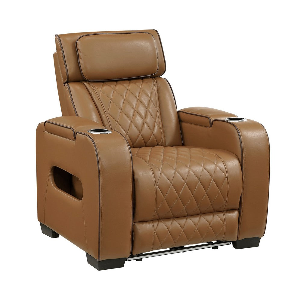 Fiya Power Reclining LED Chair | USB and Cup Holders | Brown Faux Leather