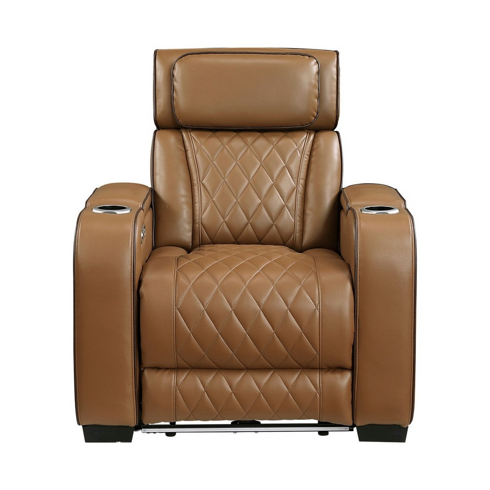 Fiya Power Reclining LED Chair | USB and Cup Holders | Brown Faux Leather