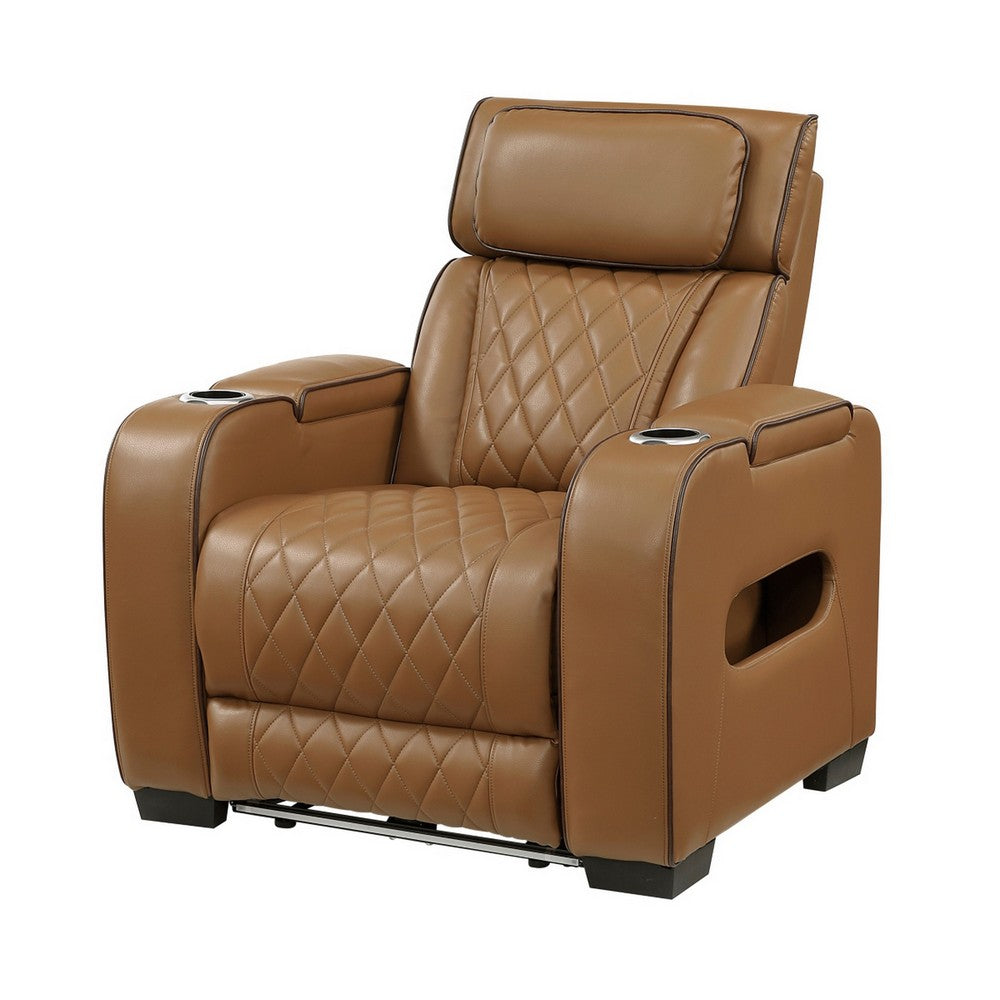 Fiya Power Reclining LED Chair | USB and Cup Holders | Brown Faux Leather