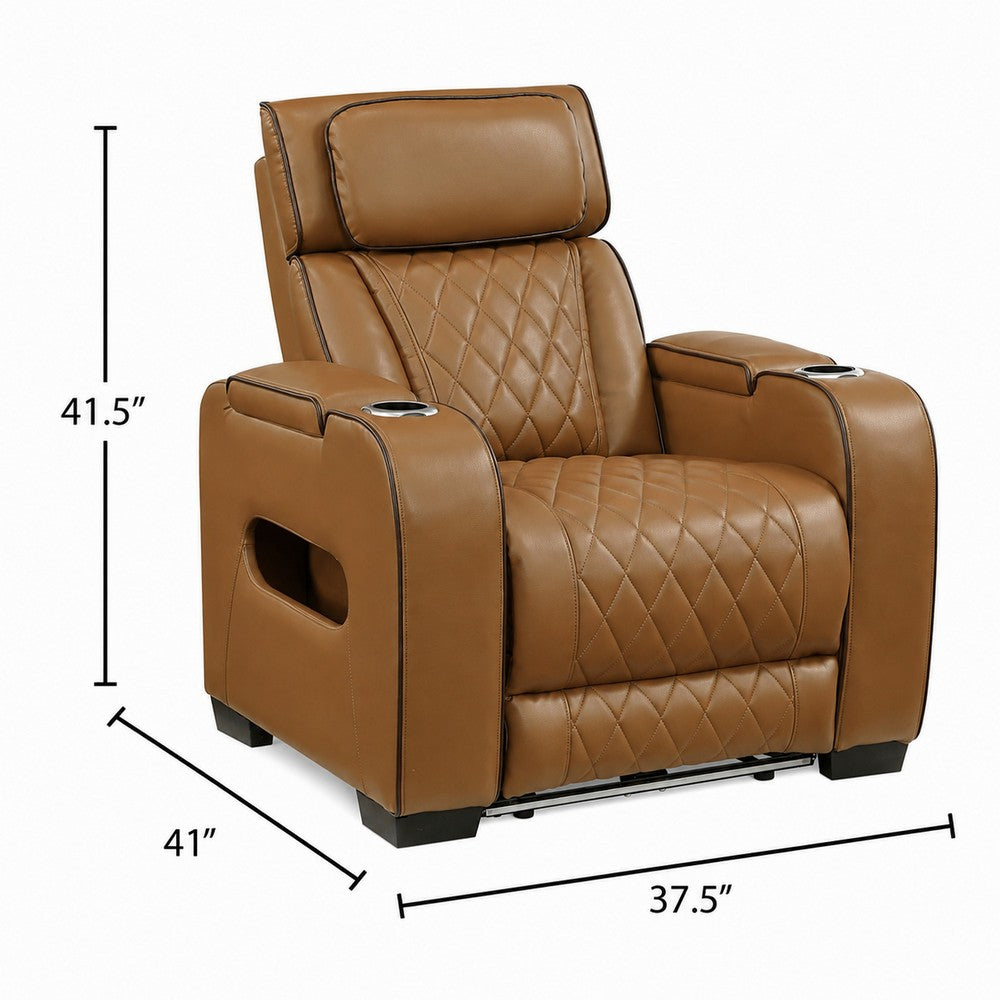 Fiya Power Reclining LED Chair | USB and Cup Holders | Brown Faux Leather
