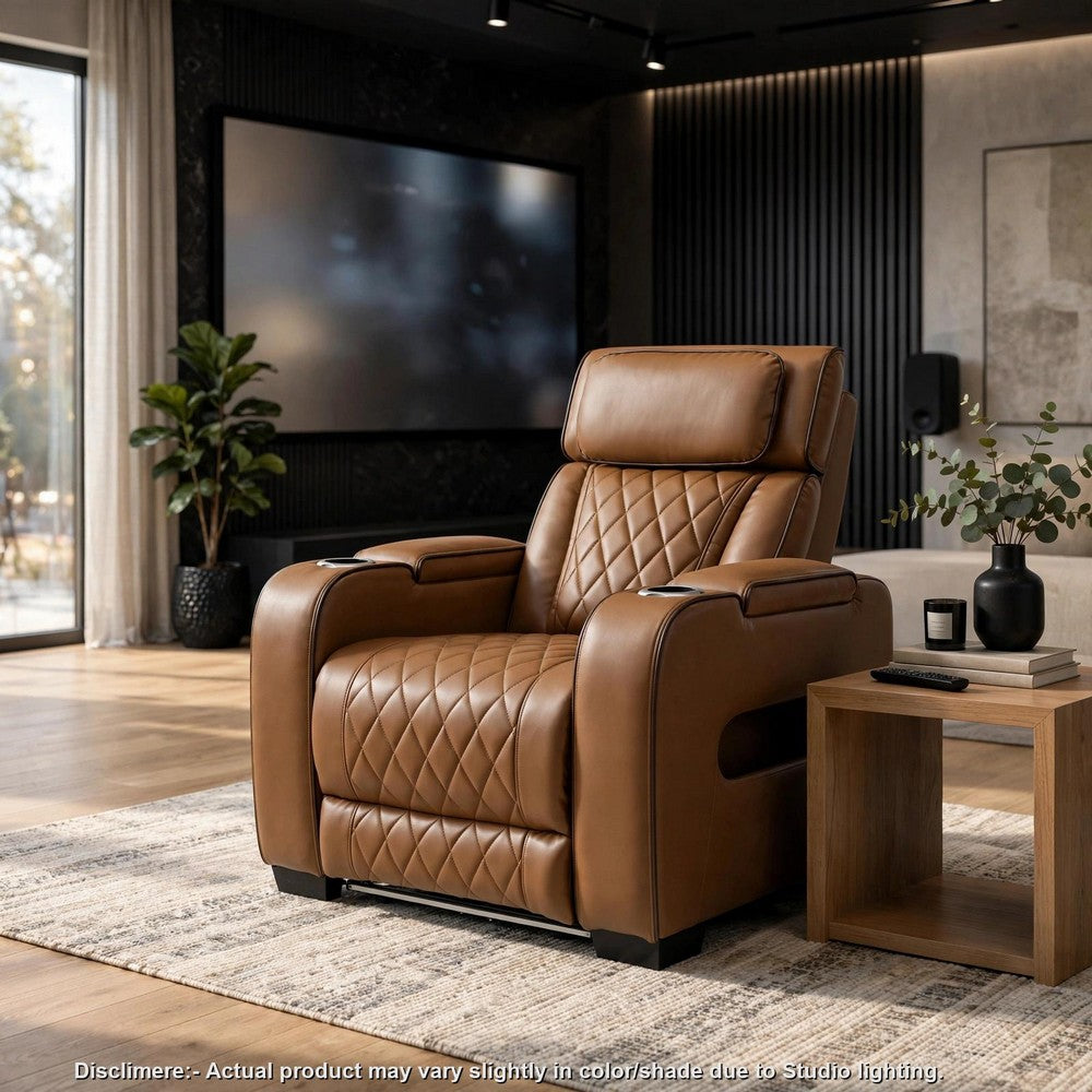 Fiya Power Reclining LED Chair | USB and Cup Holders | Brown Faux Leather