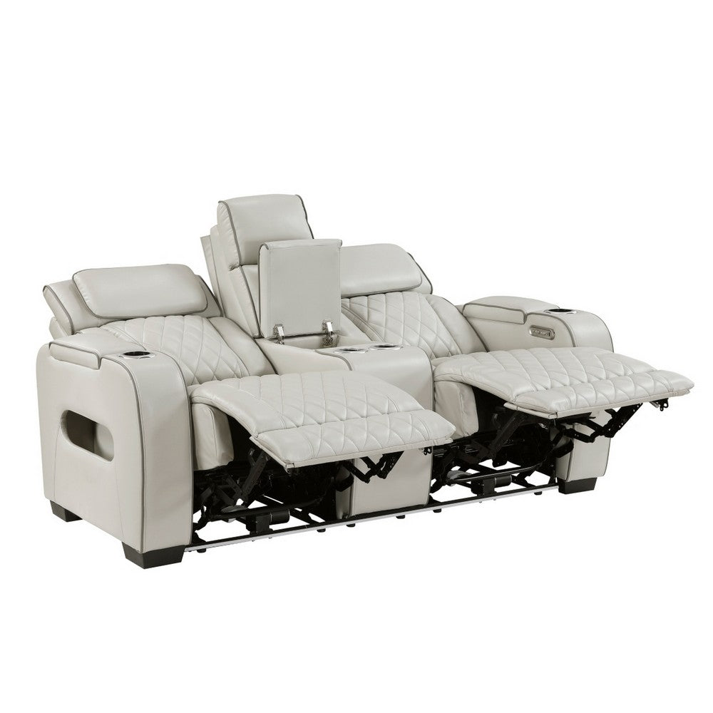 Fiya Power Double Reclining LED Loveseat | USB Ports | Taupe Faux Leather