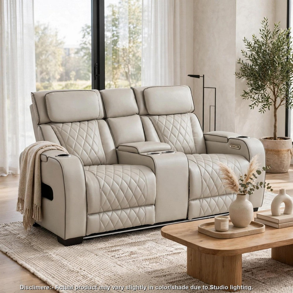 Fiya Power Double Reclining LED Loveseat | USB Ports | Taupe Faux Leather