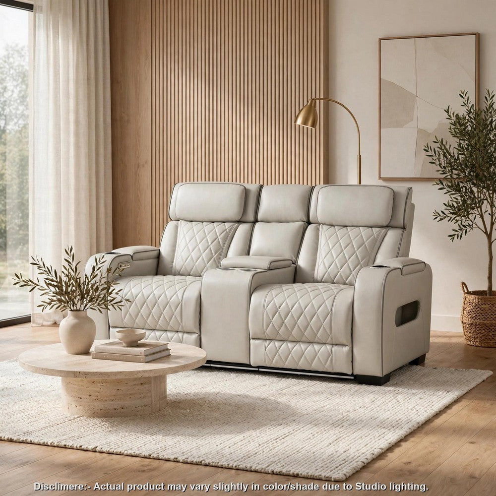 Fiya Power Double Reclining LED Loveseat | USB Ports | Taupe Faux Leather