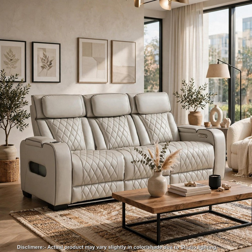Fiya Power Double Reclining LED Sofa | USB Ports | Taupe Faux Leather