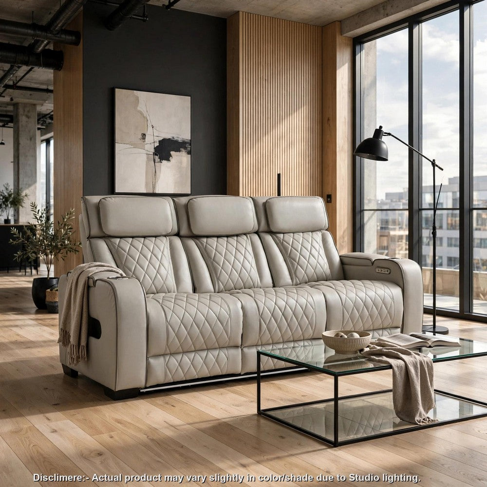 Fiya Power Double Reclining LED Sofa | USB Ports | Taupe Faux Leather