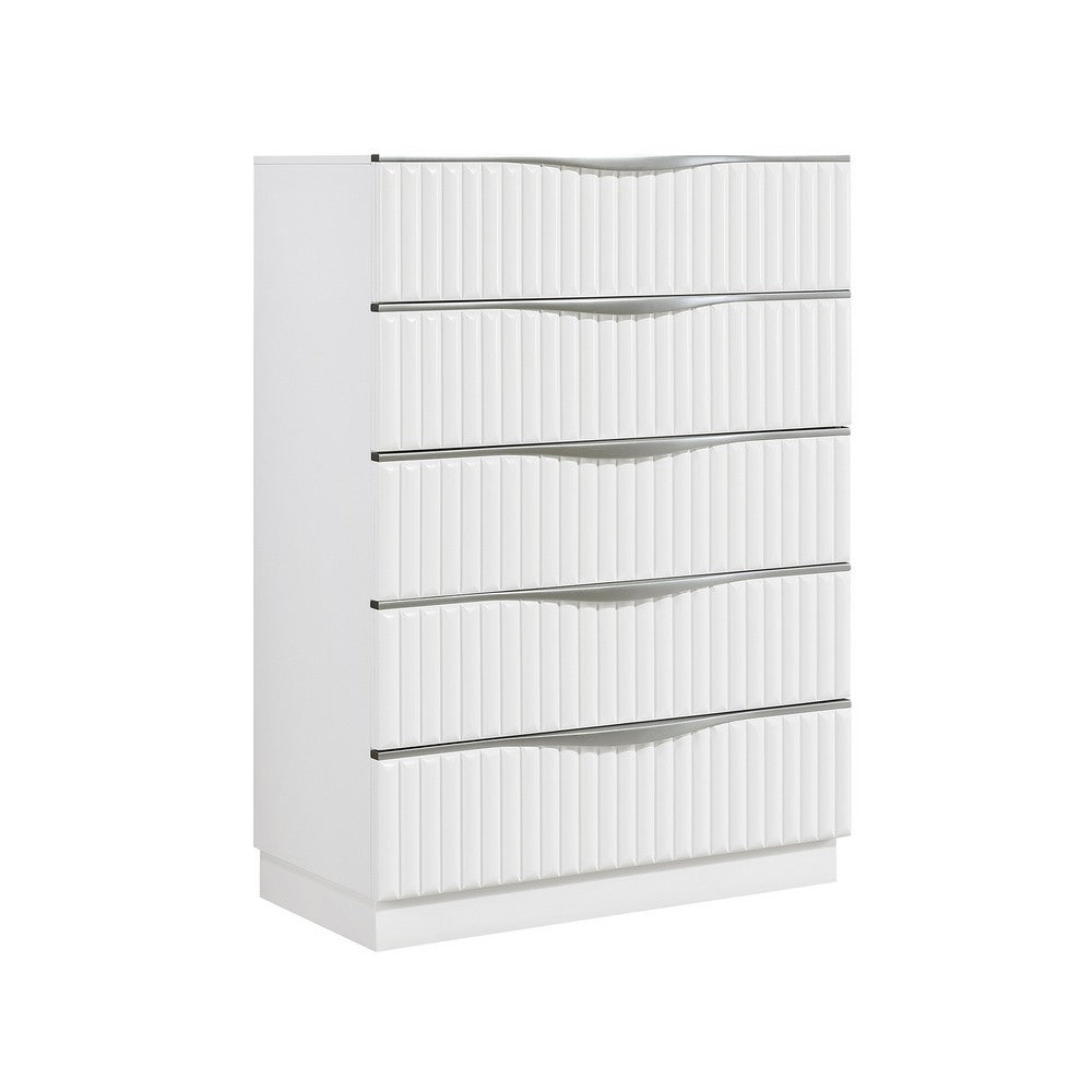 Lon Tall Dresser Chest | 5 Drawers | Edge Handles | Ribbed Front | Pearl White