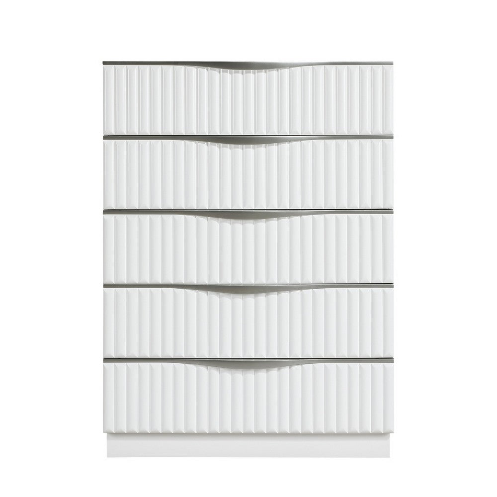 Lon Tall Dresser Chest | 5 Drawers | Edge Handles | Ribbed Front | Pearl White