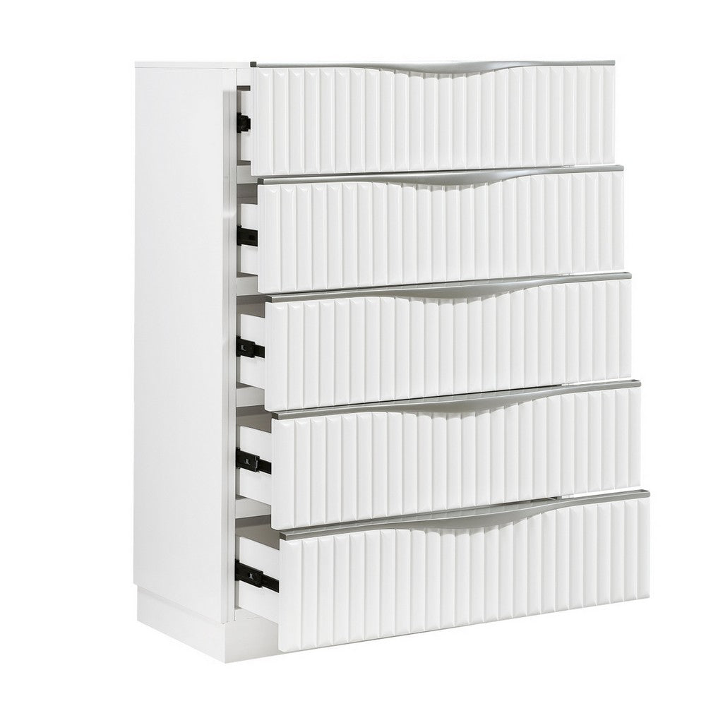 Lon Tall Dresser Chest | 5 Drawers | Edge Handles | Ribbed Front | Pearl White