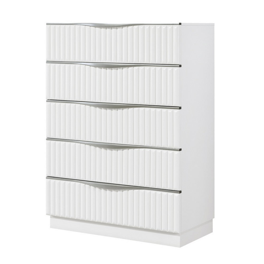 Lon Tall Dresser Chest | 5 Drawers | Edge Handles | Ribbed Front | Pearl White